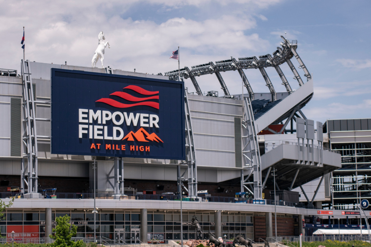 Sports apparel store near Empower Field at Mile High ready for new