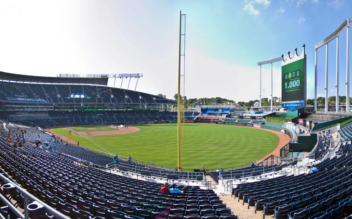 Kauffman Stadium (foreground), Home of the Kansas City Royals Baseball  team, Capacity 37,903, and opened in 1973. Arrowhead Stadium (Background),  Home of the Kansas City Chiefs football Team. Capacity 76,416 , opened